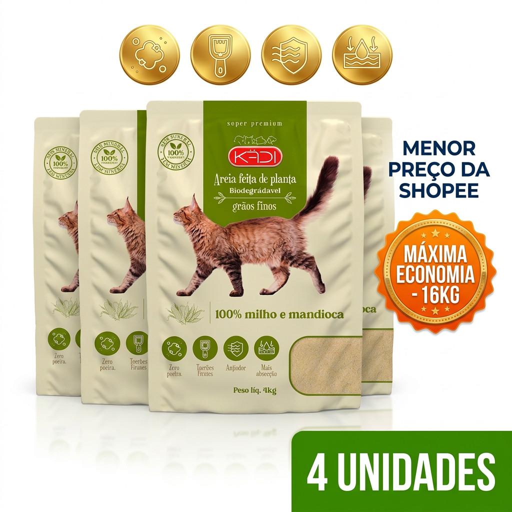 Kit 4 Areia Gato Kadi Milho Mandioca 4kg Biodegradável Grãos Finos