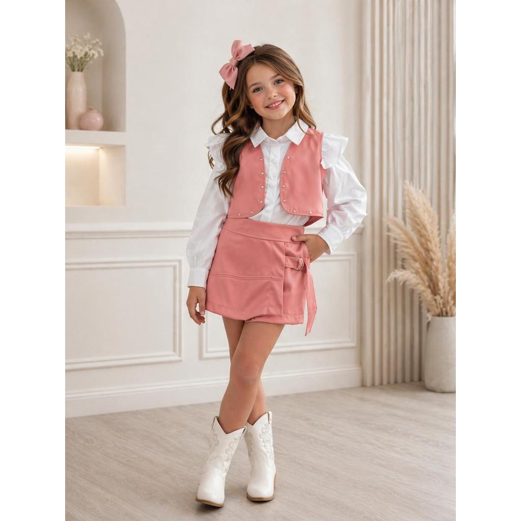 Conjunto infantil courino Colete e short saia estiloso roupa feminina menina confortável