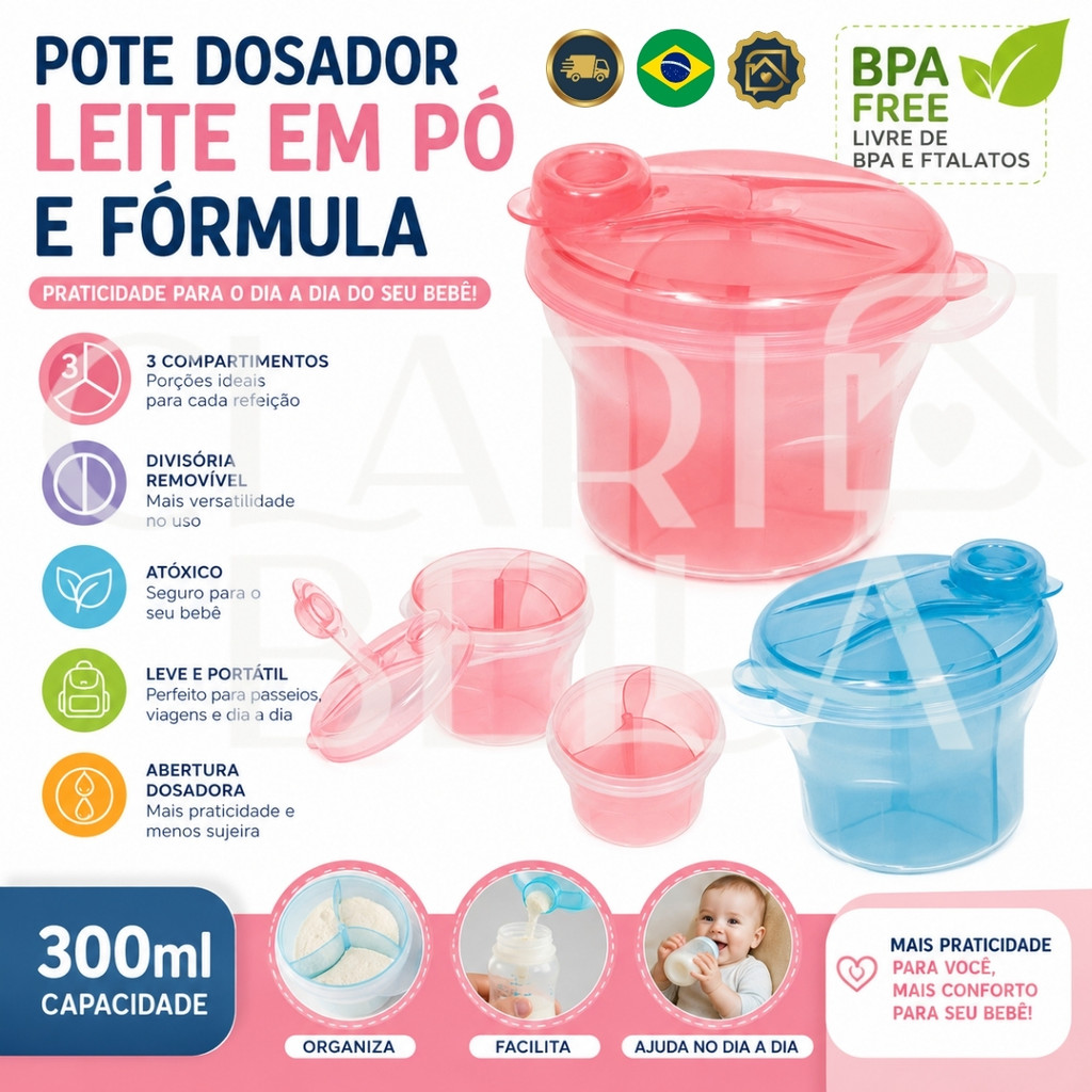 Pote Dosador Leite Em Pó 300ml 3 Compartimentos Divisória Removível BPA Free Bebê