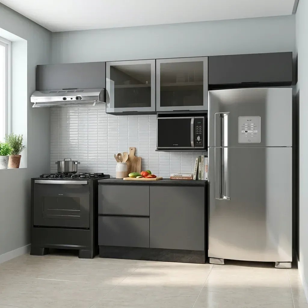 Cozinha Modulada 5 Peças com Nicho para Micro-Ondas e Balcão com Tampo 5 Portas 3 Gavetas Etna Grafite Preto Grafite