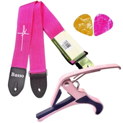 KIT P/ VIOLÃO, GUITARRA - CORREIA+ CAPOTRASTE ROSA+ 2 PALHETAS