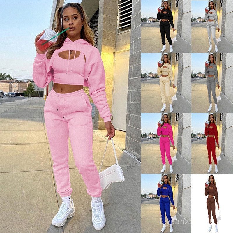 Conjunto feminino de três peças: moletom de manga comprida + colete + calça de cor sólida, adequado para uso na primaver
