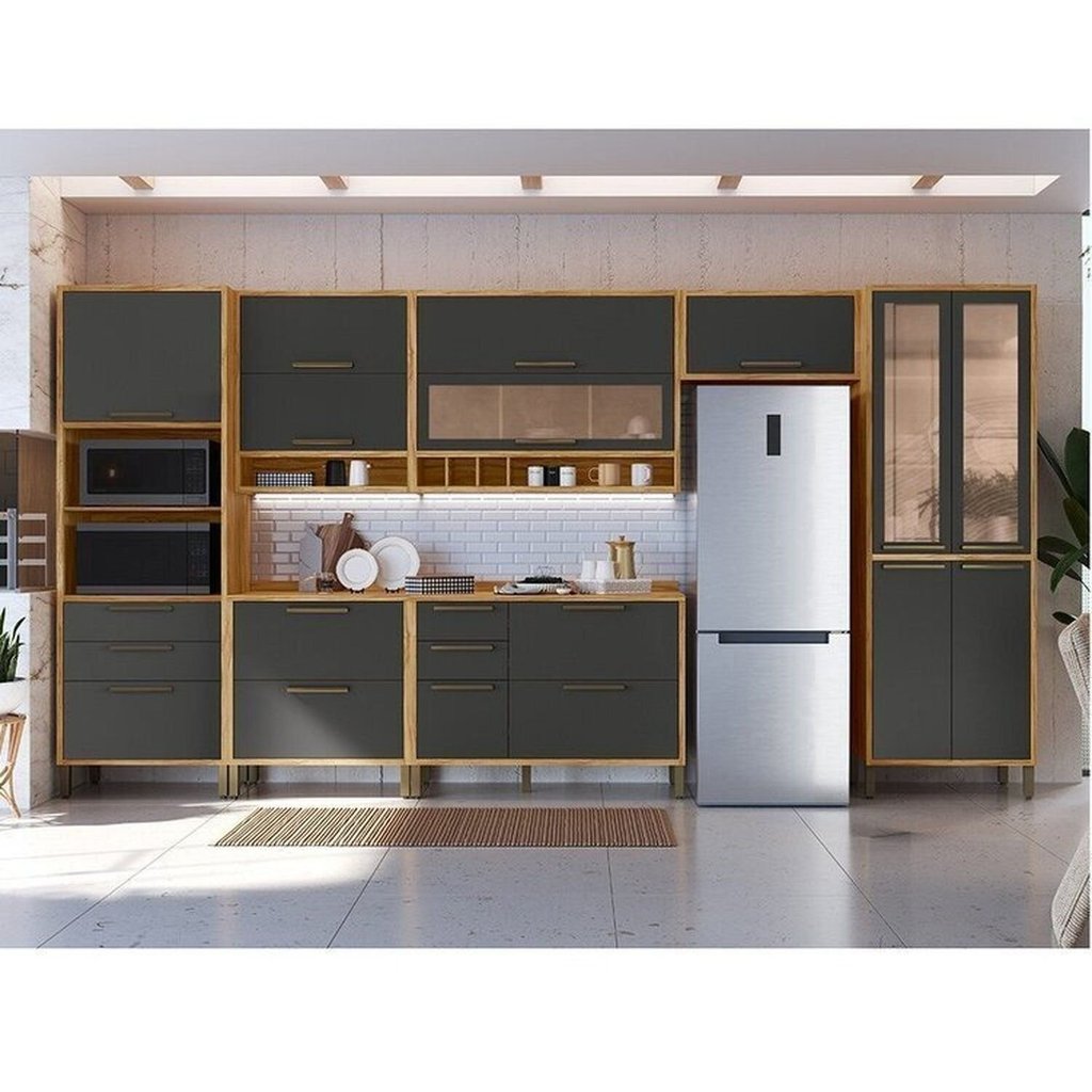 Cozinha Completa Modulada 100% MDF 7 Peças 14 Portas 6 Gavetas e Vidro 429cm Vicenza Espresso Móveis