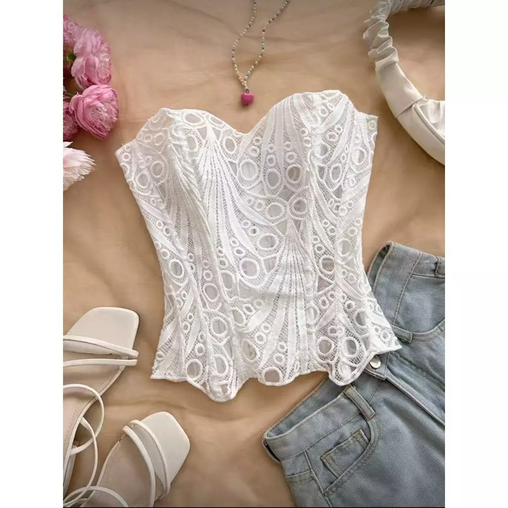 Top Cropped Corset Espartilho Feminino Renda Com Amarracao Estilo Frances Modelador Cintura