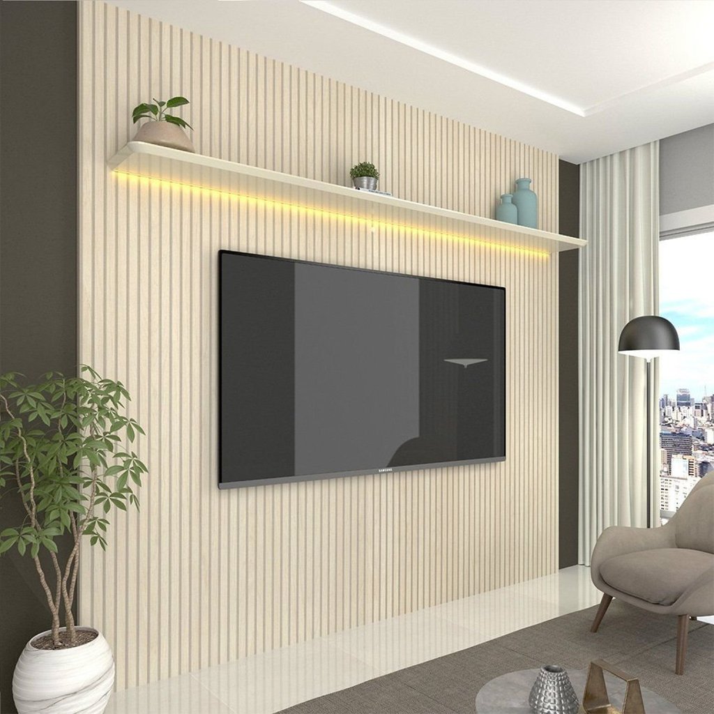 Painel Ripado para TV até 90 Polegadas com LED 100% MDF 224CMX250CM Impressão Ripada Requinte Branco Off White