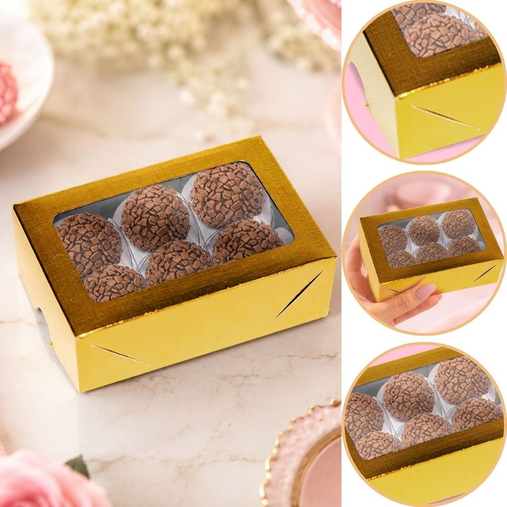 10 CAIXA LAMINADA C/ VISOR 06 DOCES 4X12X8 CM OURO ID4669