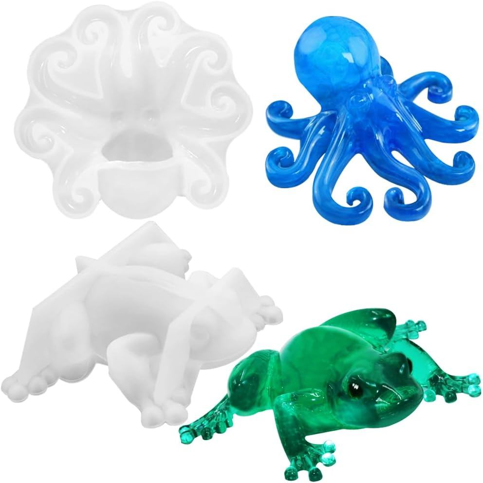 2 Moldes de Resina em Forma de Polvo e Sapo, Moldes de Resina Epóxi 3D FineGood para Animais, Moldes de Silicone para Fu