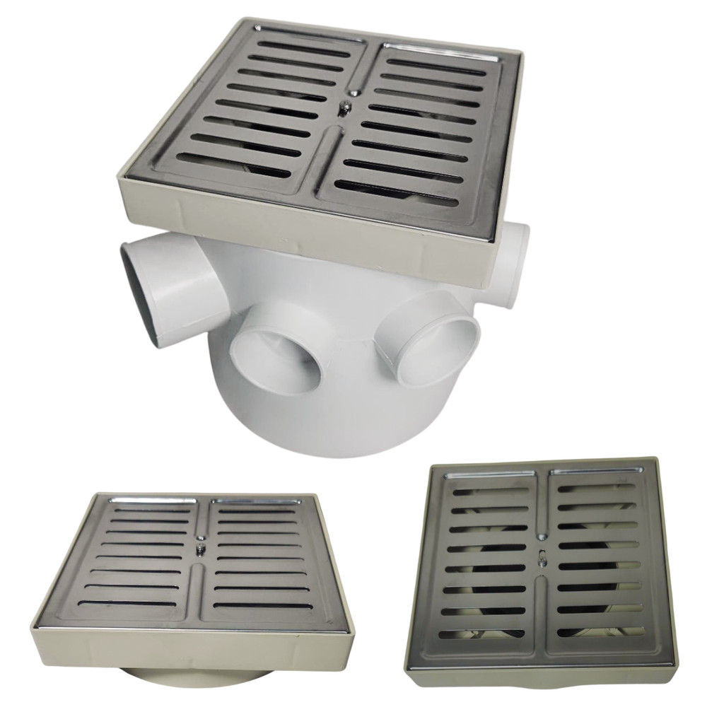 Ralo de Banheiro 15x15 Inox Abre Fecha Veneziana 15x15 Base Bege e Caixa Sifonada 150mm