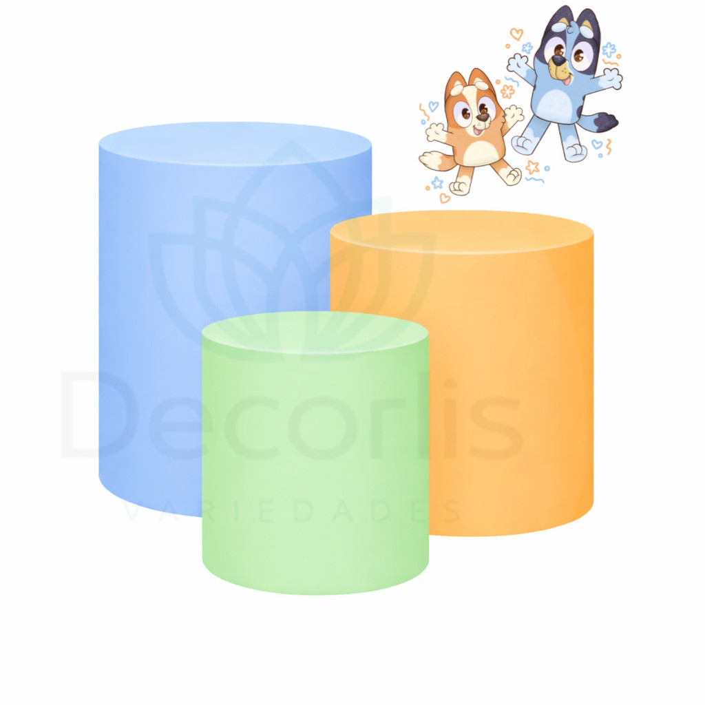 Trio de Capas para Cilindro DECORAÇÃO de Festas Tema Bluey Baby Blue Cores Candy Colors