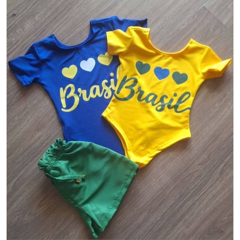 kit conjunto copa do mundo Brasil camisa de time com brilho moda blogueirinha azul e amarelo verde body e shorts