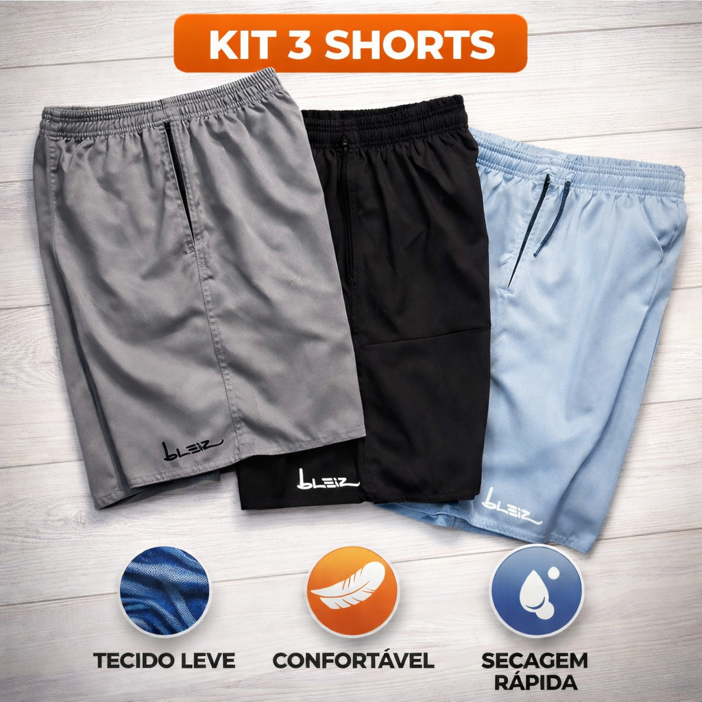 Kit 3 Shorts Dry fit Elastano Tactel Bleiz Bermuda Praia Futebol e Academia Corrida