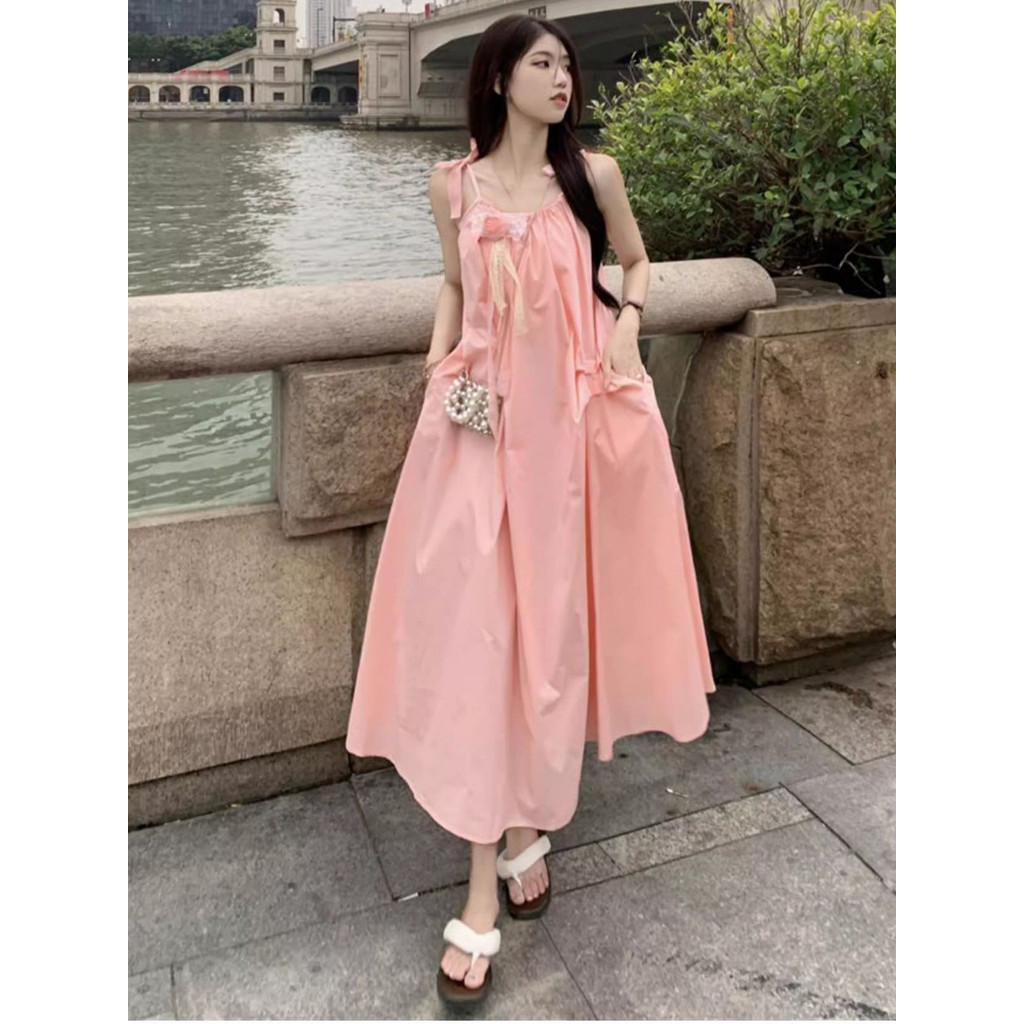 Vestido longo feminino estilo filha vestido de praia vestido francês à beira-mar férias estilo Suspender vestido verão p