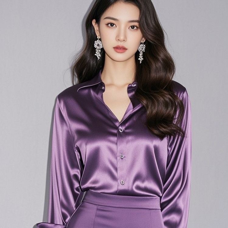 2025 primavera outono novo estilo High-End luz luxo cetim camisa feminina de manga comprida estilo ocidental Anti-rugas 