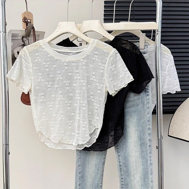 Retro branco Irregular oco crochê de manga curta renda topo feminino verão puro desejo estilo ocidental em camadas blusa
