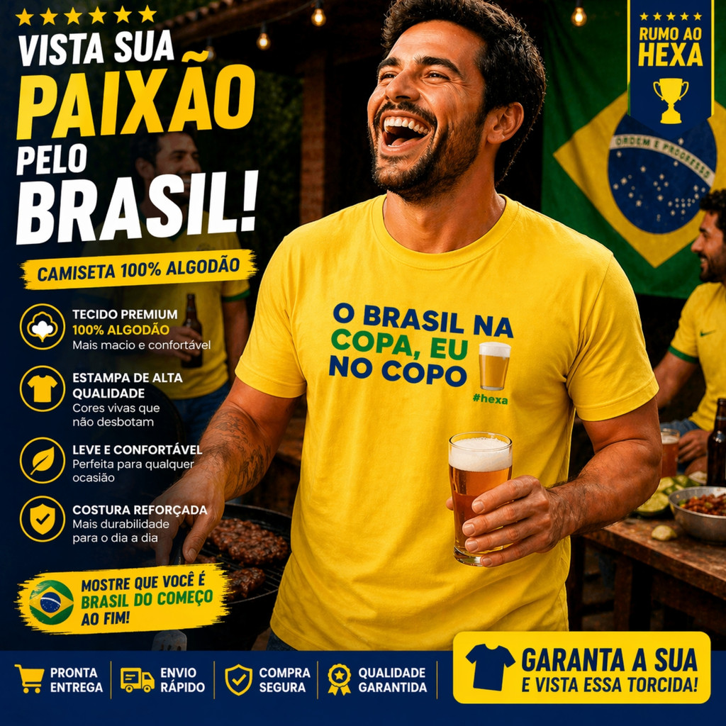 Camiseta Brasil  Masculina Copa Churrasco Futebol Torcida #Hexa Amigos Algodão Verde Amarela Azul