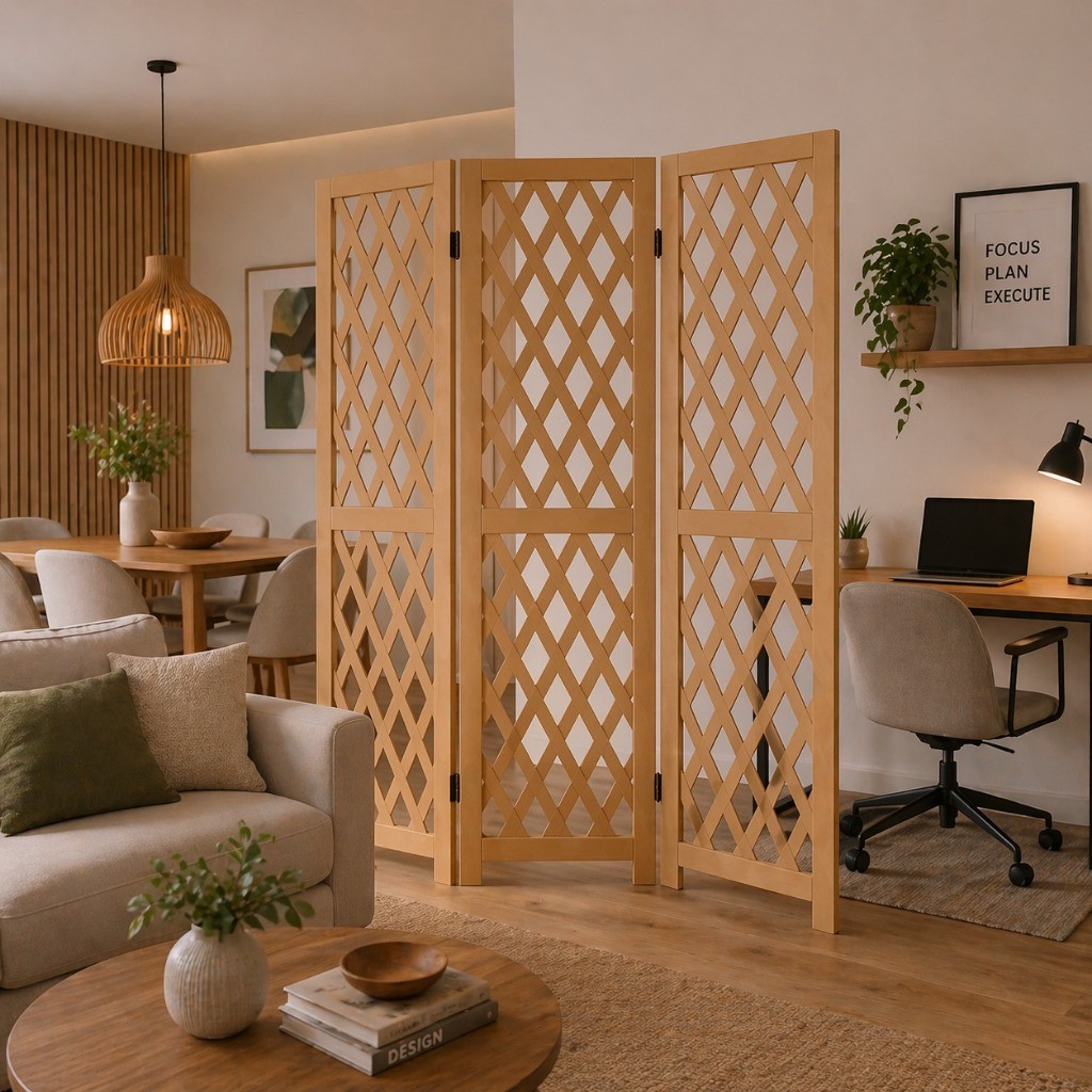Biombo Decorativo Dobrável MDF Treliça Divisória de Ambientes Leve e Moderno