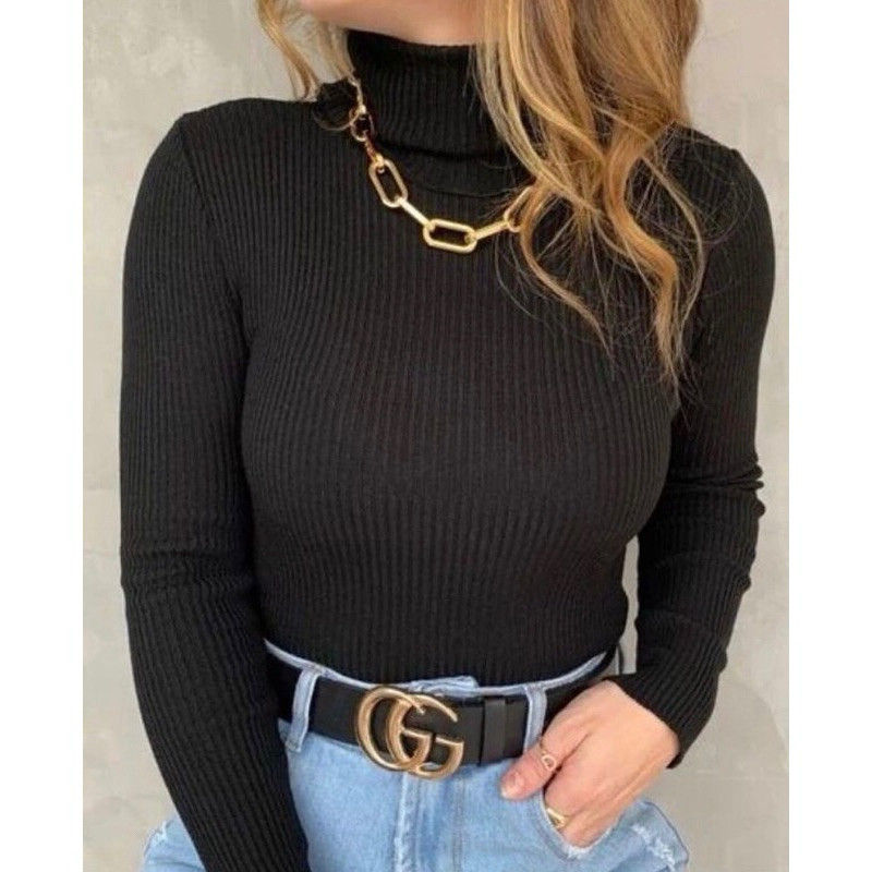 Blusa Feminina Tricot Justa De Frio Cacharrel Feminina Gola Alta Canelada