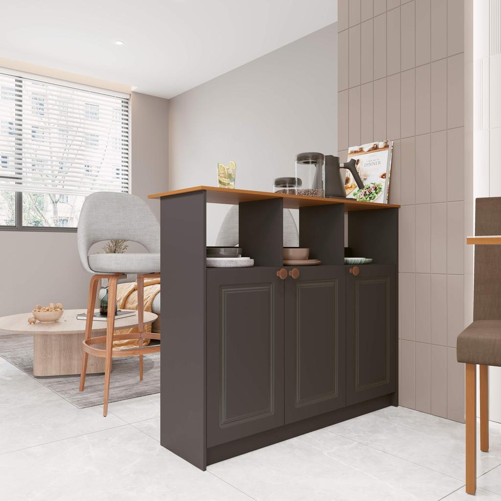 Bancada Balcão Ilha Gourmet Para Cozinha 114cm 3 Portas Com Nichos Hera Fidelitá Chumbo