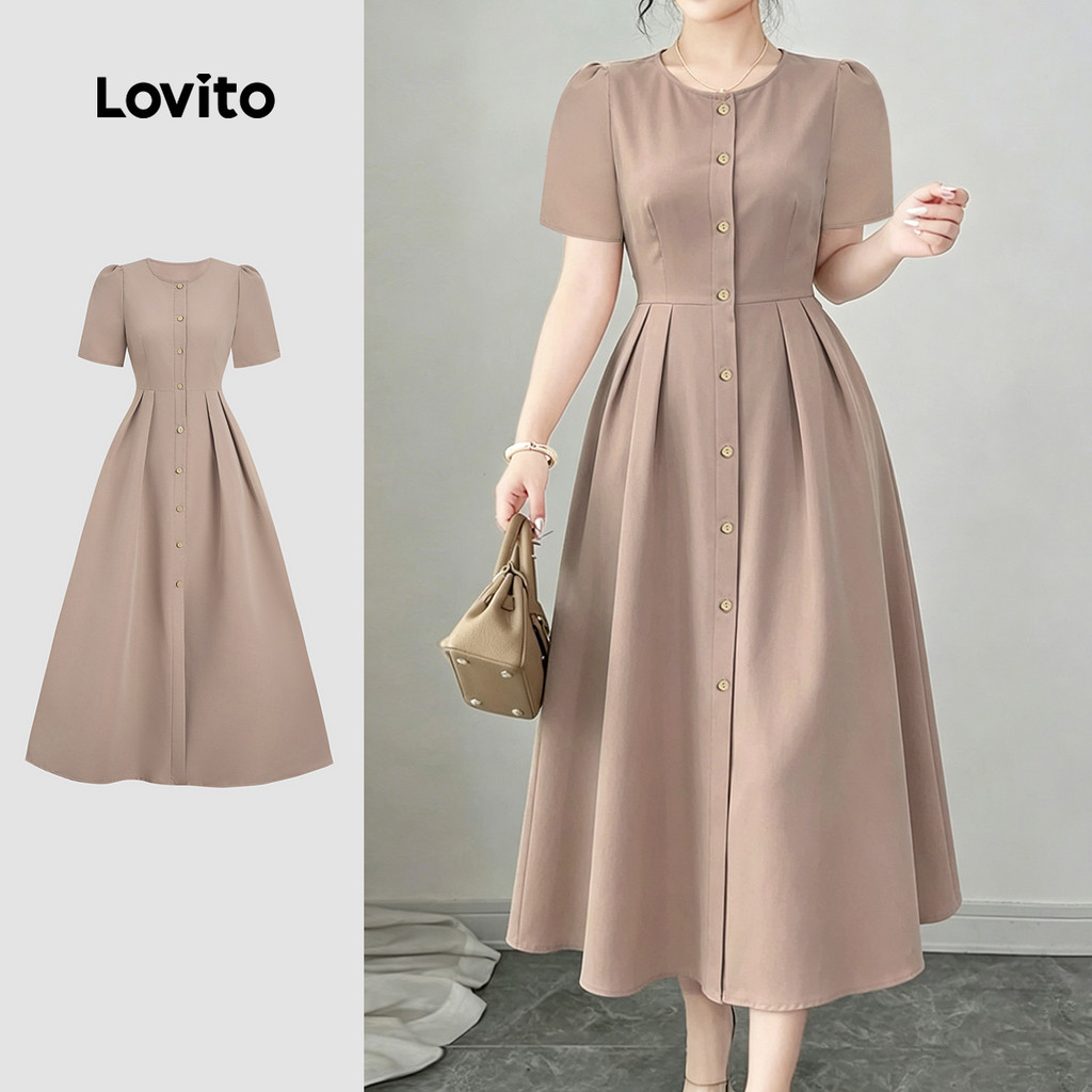 Lovito Vestido Elegante com Botões para a Primavera/verão Caqui para mulheres L190ED434