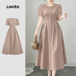Lovito Vestido Elegante com Botões para a Primavera/verão Caqui para mulheres L190ED434