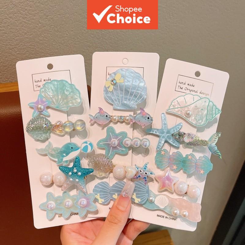 Grampos de Cabelo com Tema Oceano para Meninas 5 Peças Concha Estrela do Mar Sereia à Prova d'Água Presente de Praia de