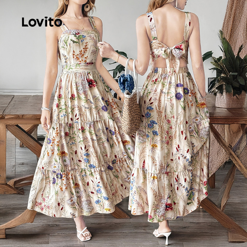 Lovito Vestido Boho com Laço Nas Costas Vazado Babados Primavera/verão para Mulh