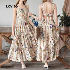 Lovito Vestido Boho com Laço Nas Costas Vazado Babados Primavera/verão para Mulheres LK5ED972