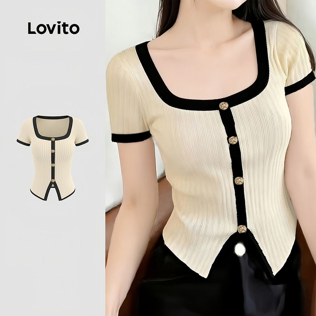 Lovito Casual Camiseta Colorblock Primavera/verão Camiseta para Mulheres LK4ED24