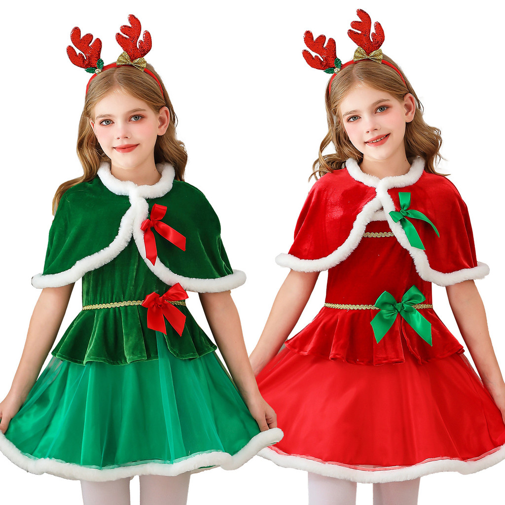 Fantasia de natal capa infantil xale árvore de natal vestido de menina vestido de festa de natal de papai noel