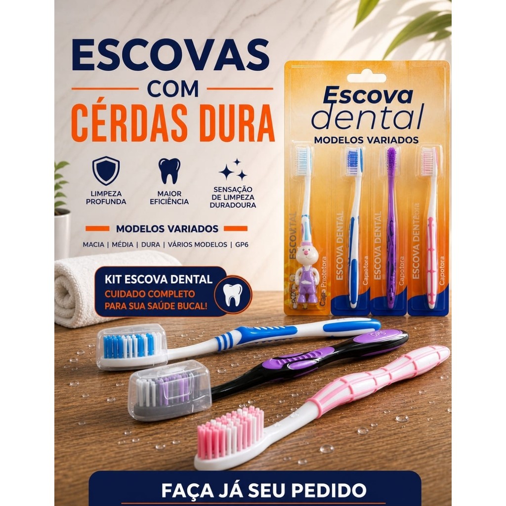 Kit Escovas Dentais Adulto Cerdas Dura pacote com 12, 24, 36, 48 ou 60 Unidades