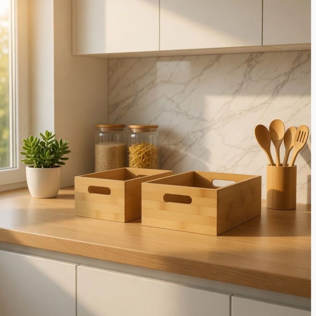 Kit 2 Caixas Organizadoras Bambu 100% Natural Cestos Multiuso Cozinha Banheiro Luxo