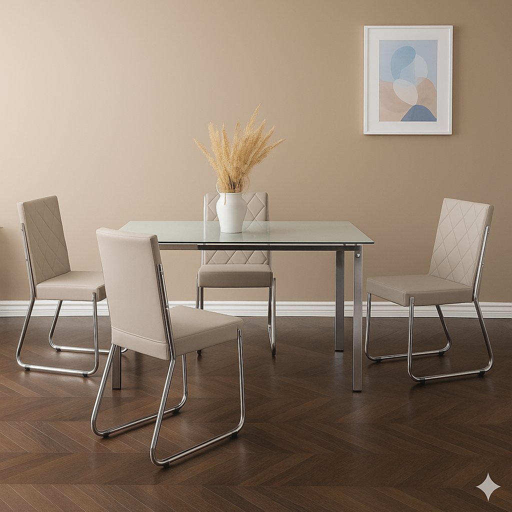 Conjunto Sala de Jantar Mesa Ortenia Tampo Vidro com 4 Cadeiras Dinah Bege/Cromado/Off White Cromado/Bege Claro/Off