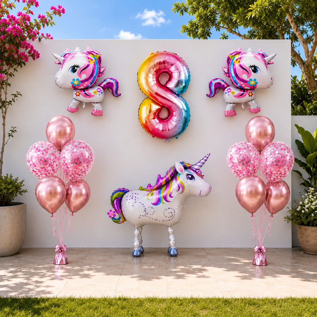 Kit 15 Pçs Decoração Festa Unicórnio Completo – Balões Unicórnio Gigantes + Números 32''