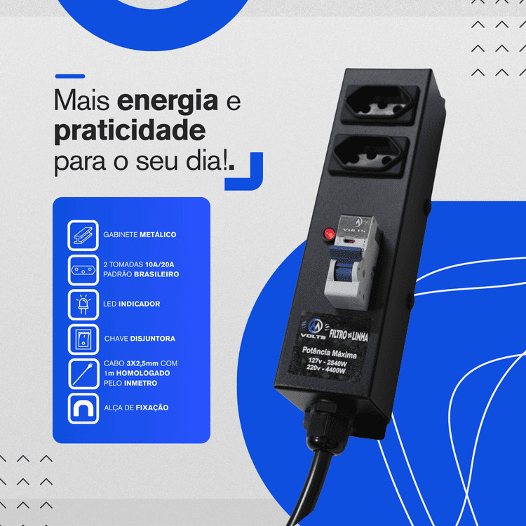 Filtro Linha Disjuntor 2 Tomadas 20A Cabo Cobre 3x2,5mm Regua Eletrica Energia Bivolt