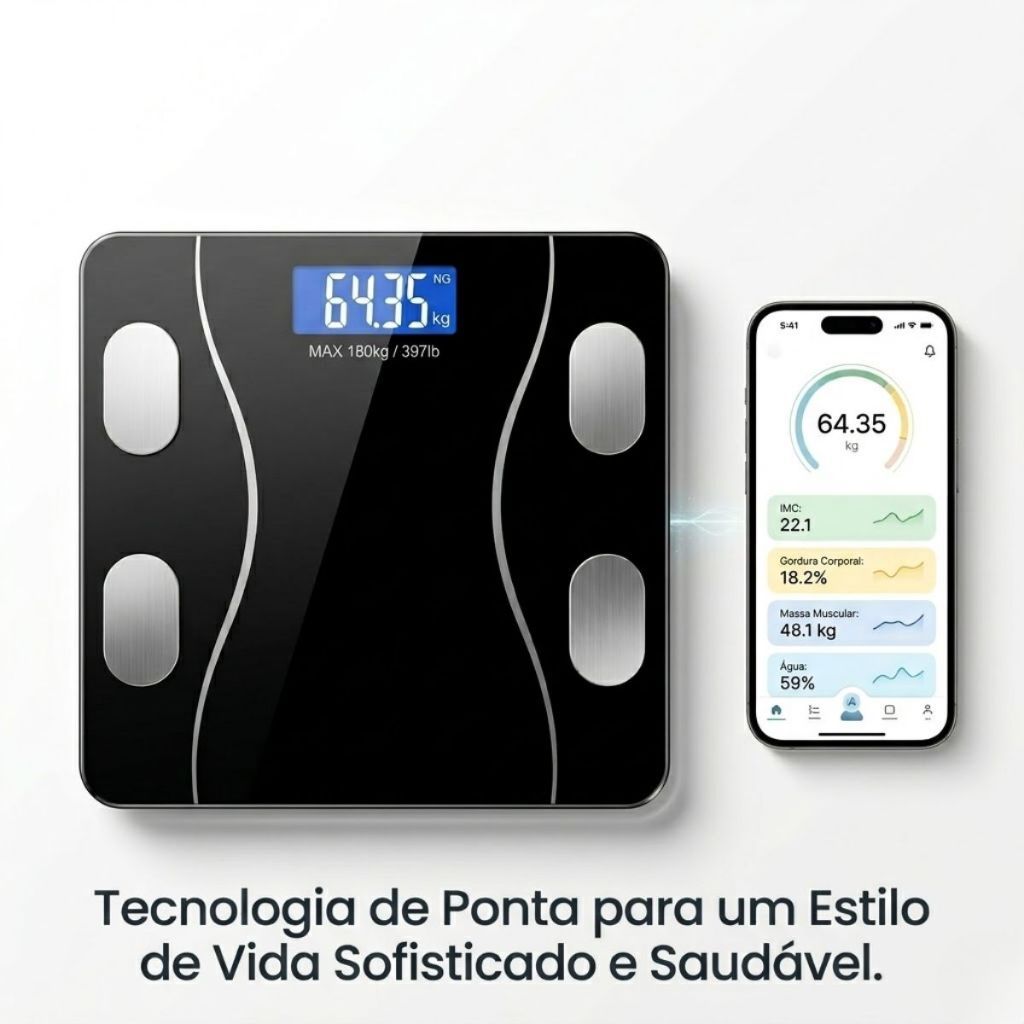 Balança Bioimpedância Digital Inteligente Bluetooth App Fitness Corporal Até 180kg Auto-Cuidado