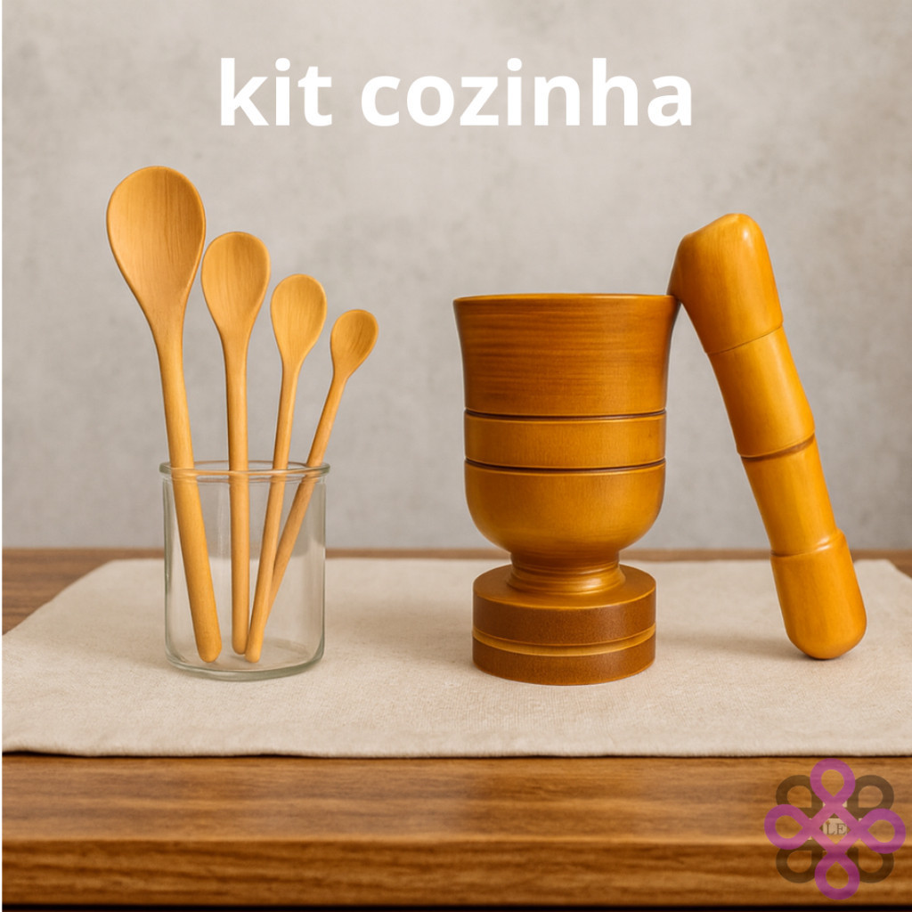 Kit Pilão de Madeira Maciça Colher de Pau Cozinha Churrasco Resistentes Duráveis