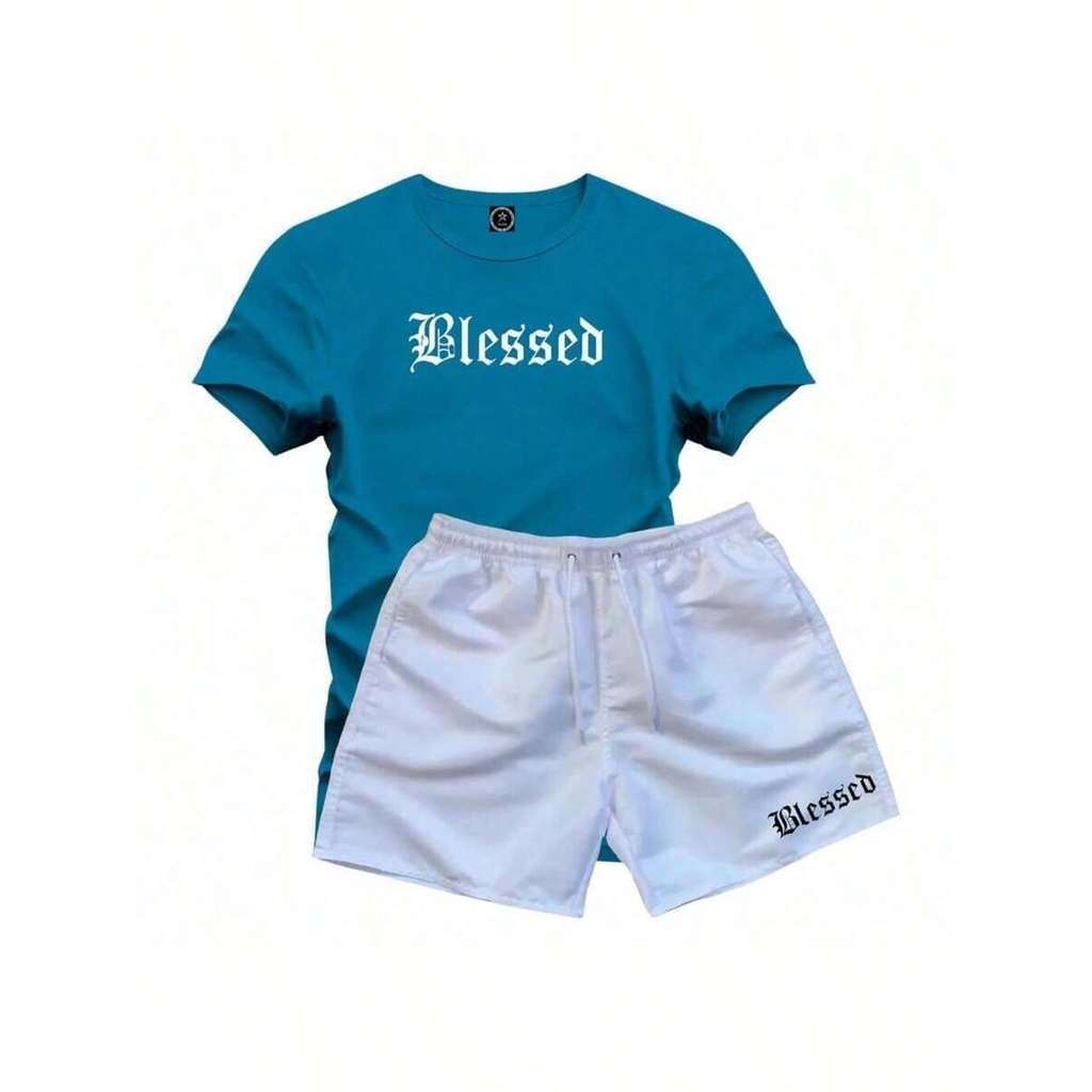 Conjunto Masculino Camiseta 100% Algodão + Short Tactel Branco Blessed Versatil Confortável Dia a Dia