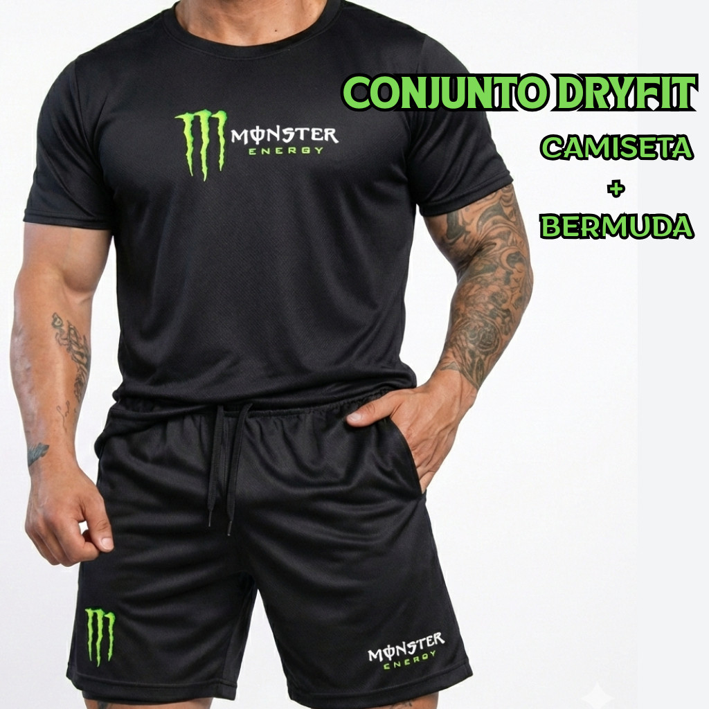 Conjunto Camiseta + Bermuda Compressão Monster Masculina DryFit - Treino Acadêmia Esporte Crossfit