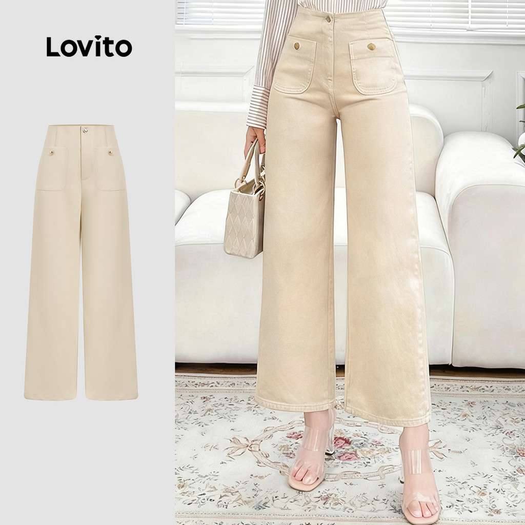Lovito Elegant Calças Clássicas E Versáteis Com Bolsos Na Cor Cáqui Claro Para Mulheres LK2ED1349