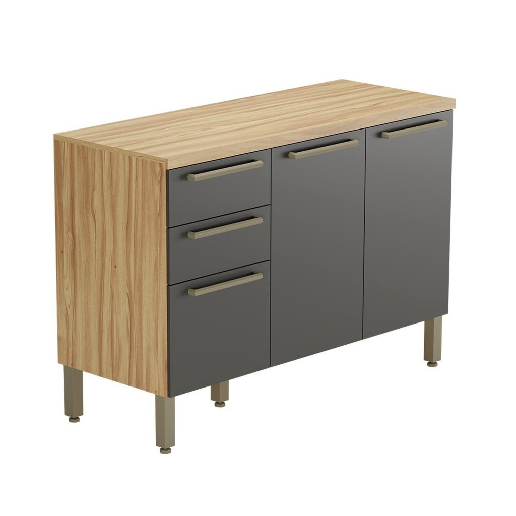 Balcão de Cozinha 120cm com 3 Portas 2 Gavetas e Tampo 100% MDF Itália Espresso Móveis Cinza/Amêndoa/Chumbo