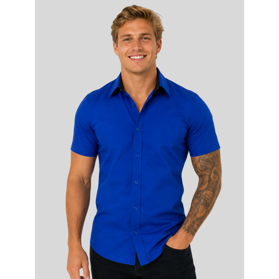 Camisa Masculina Azul Premium Slim Fit Manga Curta Social Luxo Casual