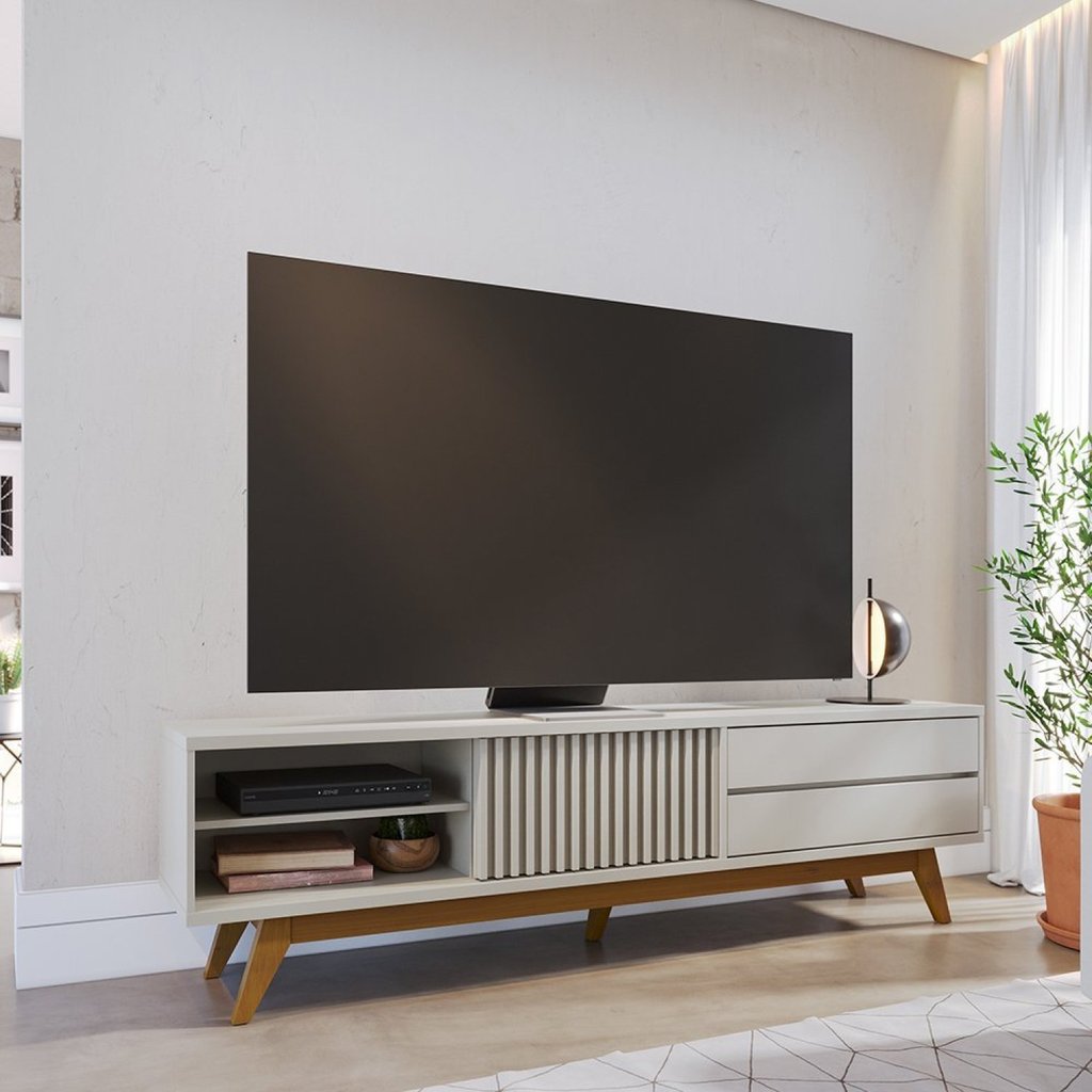 Rack Ripado para TV até 75 Polegadas 200cm Pés em Madeira Maciça 2 Gavetas 1 Porta Veneza Branco Off White Matte Off