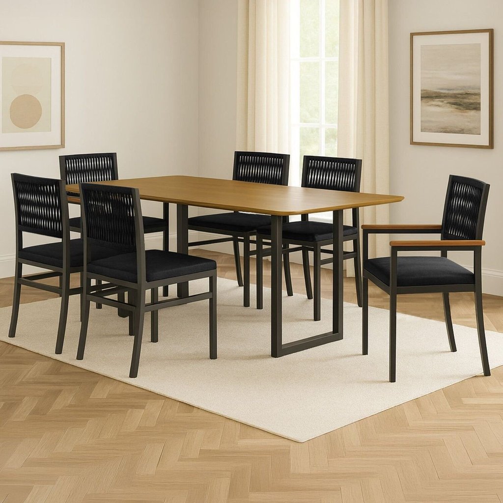 Conjunto Sala de Jantar 6 Lugares Retangular Tampo MDF Mesa Itália com Cadeiras Barcelona Preto Preto