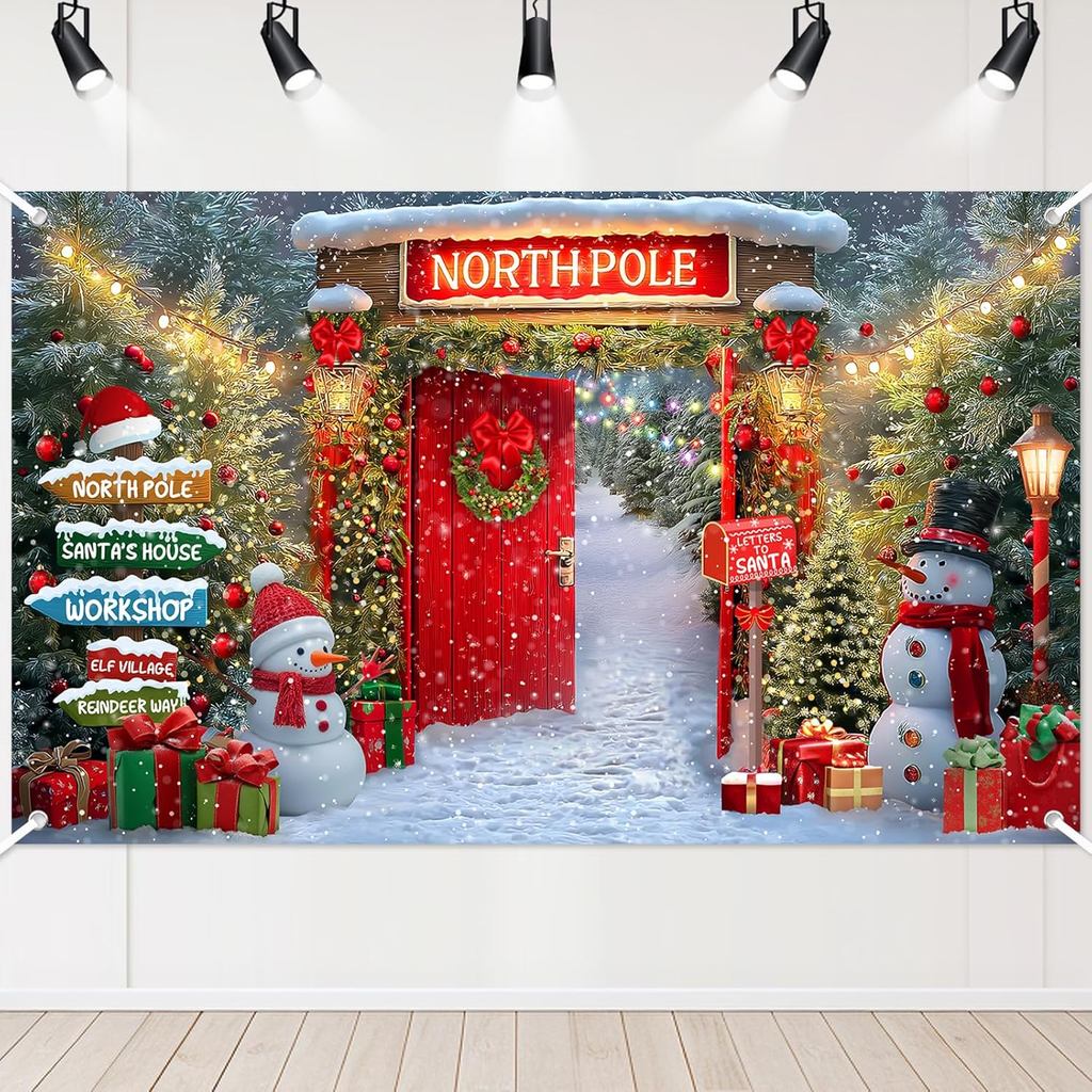 Fundo de Natal para Fotografia, Banner da Casa do Papai Noel no Polo Norte, Floresta Nevada, Porta de Celeiro Vermelha,