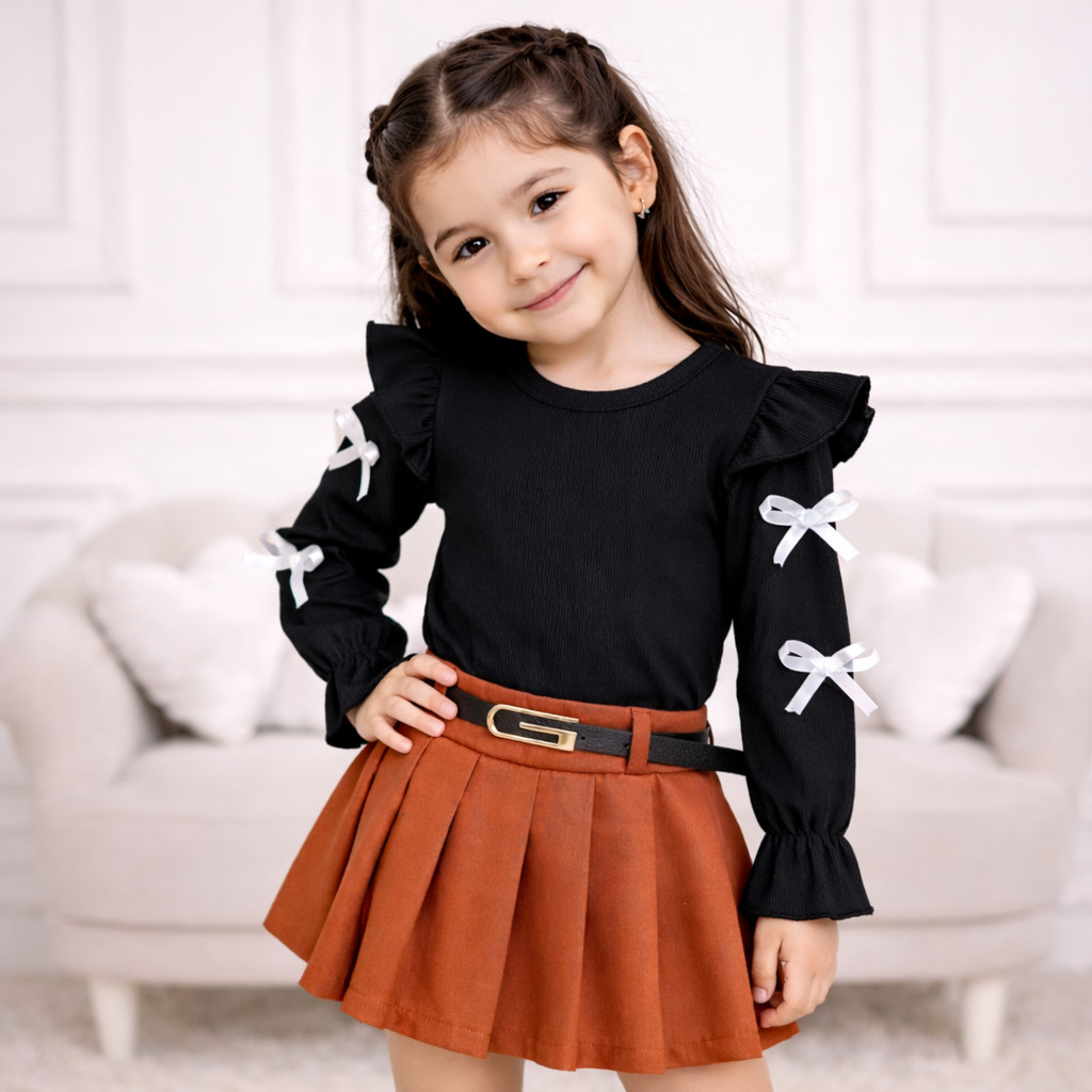 KIT 3 PEÇAS Conjunto infantil Blusa + short saia plissado e Cinto moda  inverno-frio 2026