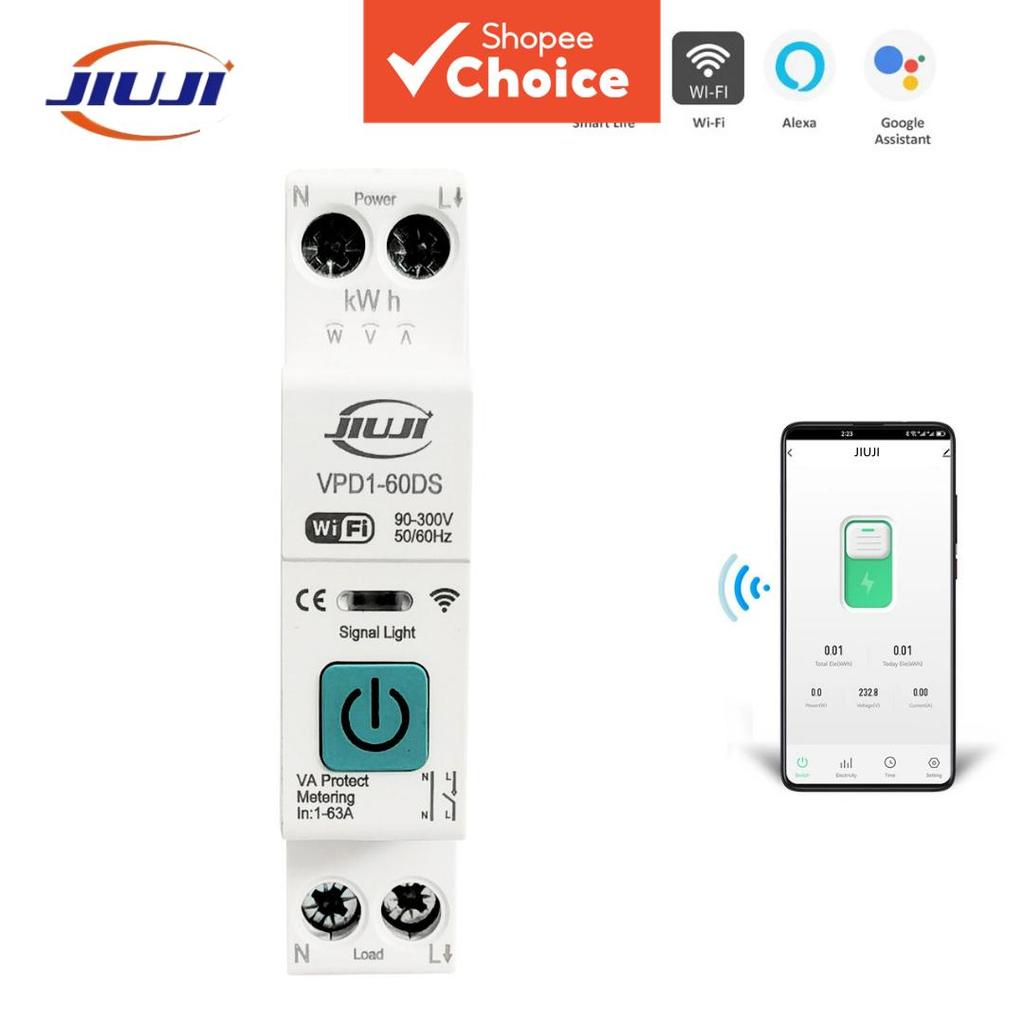 Interruptor Inteligente WIFI JIUJI VPD1-60DS 63A 1P+N, Medidor Inteligente TUYA kWh, Monitoramento de Tempo e Relé de