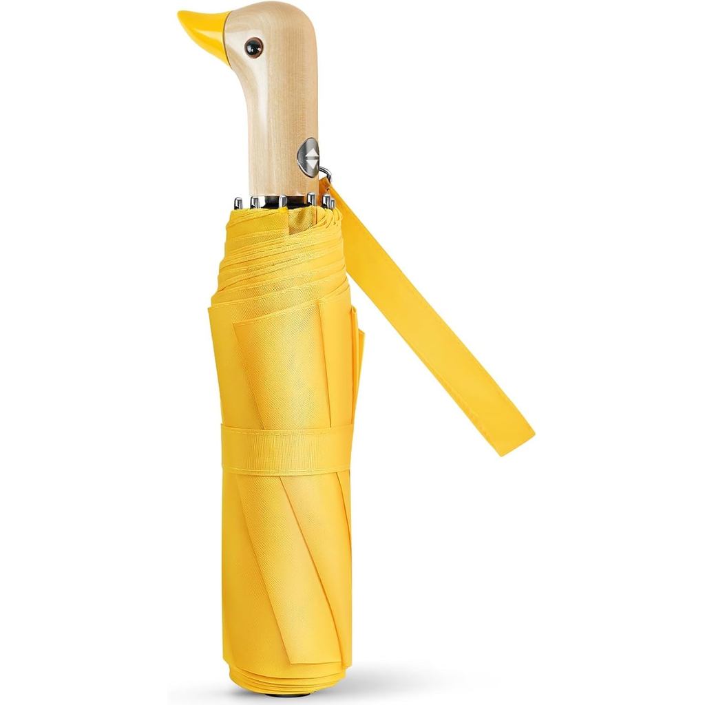 Guarda-chuva Automático em Forma de Pato Fofo - Compacto, Bonito, Tamanho de Bolso, Resistente, com Cabo de Madeira Amar