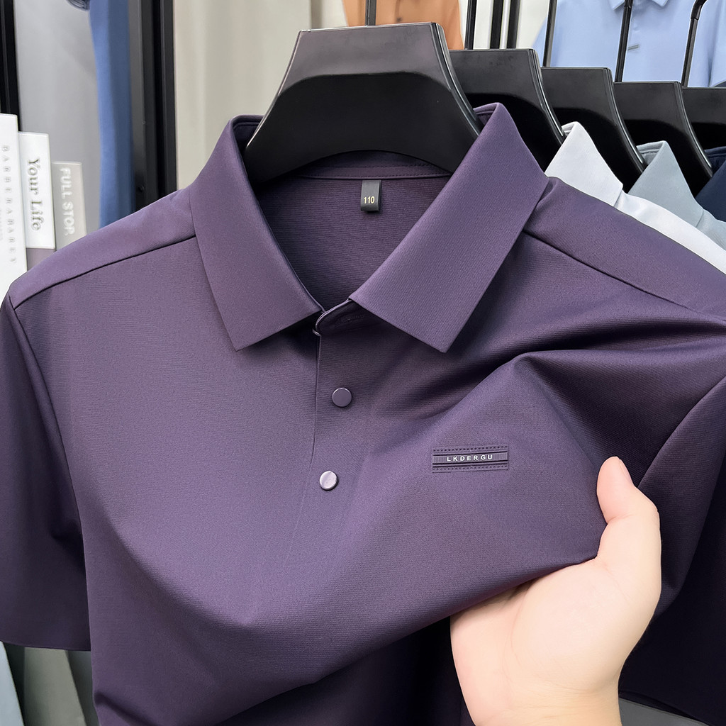 Pierre Cardan High-End Verão Sem Costura Camiseta de Manga Curta Masculina Lapela Camisa POLO Marca Roxa Meia Manga T @-