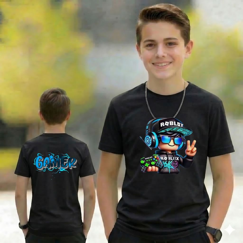 Conjunto Roblox Gamer: Camiseta estampada Short Preto 100% Algodão Confort Premium Presente Criança Tendência 2026