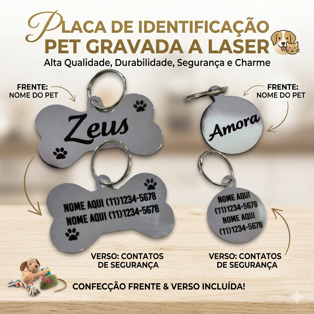 Plaquinha de Identificação Pet em Metal Prata Gravação a Laser Frente e Verso Nome Telefone QR Code